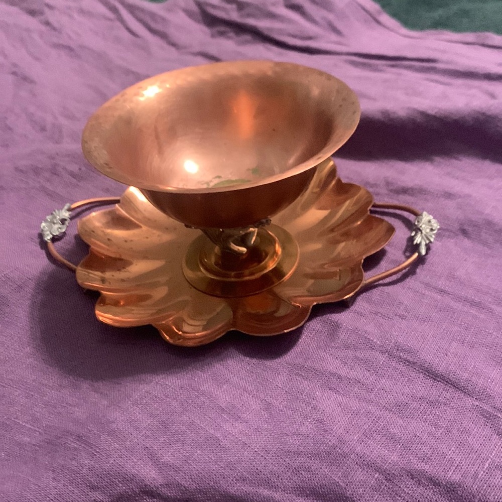 Antique Flemish Copper copper handle tray with dish